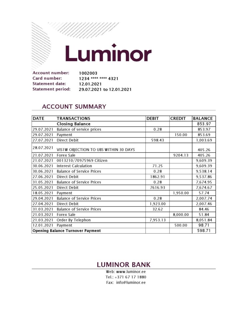 Estonia Luminor bank statement easy to fill template in .xls and .pdf file format