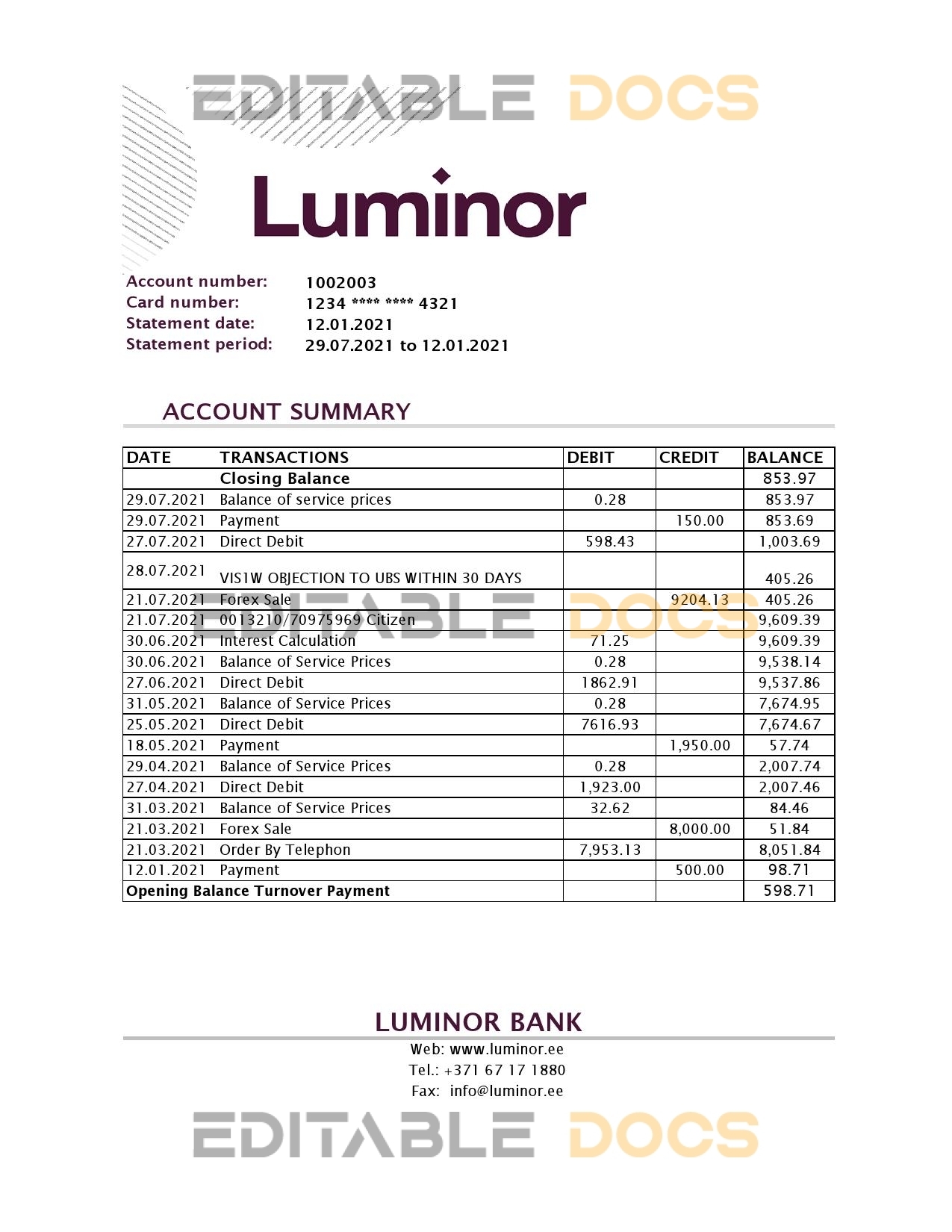 Estonia Luminor bank statement easy to fill template in .xls and .pdf file format