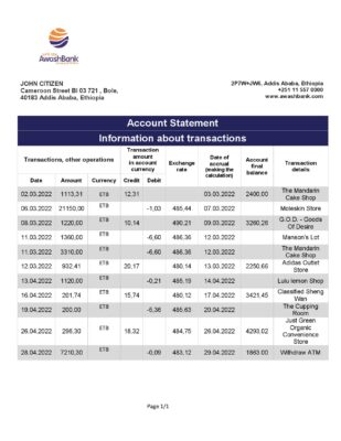 Ethiopia Awash proof of address bank statement template in Word and PDF format