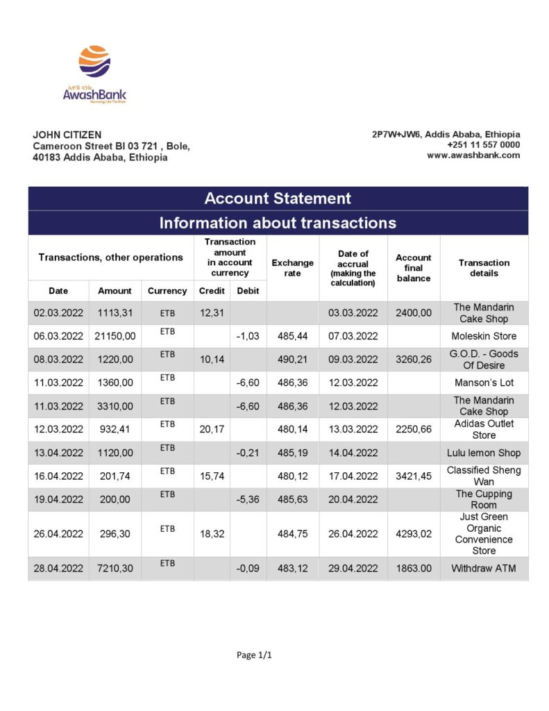 Ethiopia Awash proof of address bank statement template in Word and PDF format