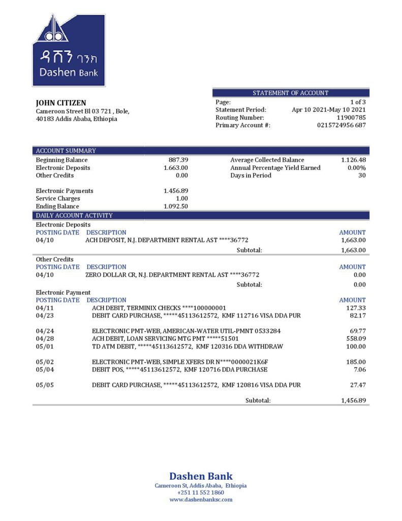 Ethiopia Dashen proof of address bank statement template in Word and PDF format