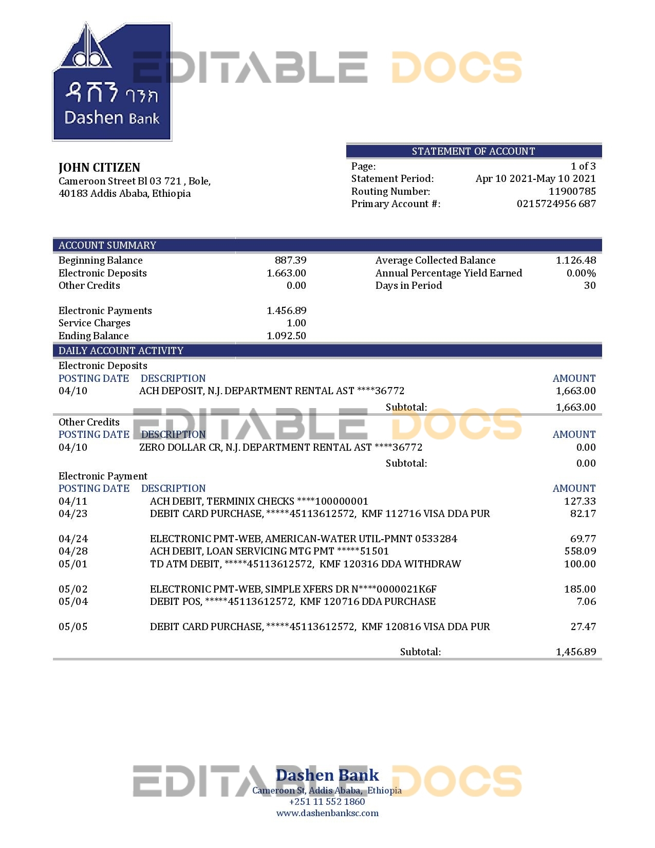 Ethiopia Dashen proof of address bank statement template in Word and PDF format