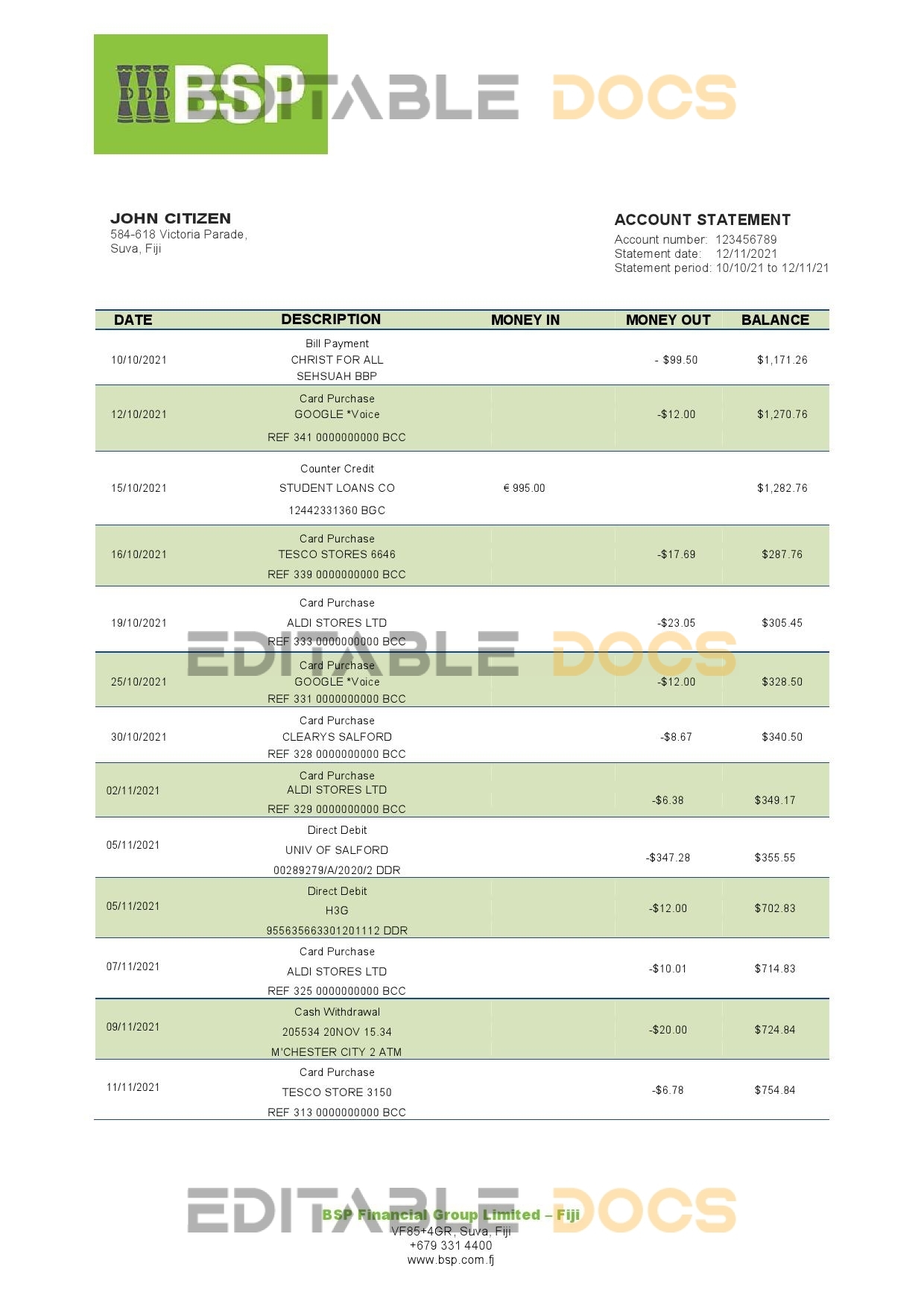 Fiji Bank of South Pacific bank statement template in Word and PDF format