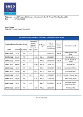 Fiji Bred bank statement template in Word and PDF format