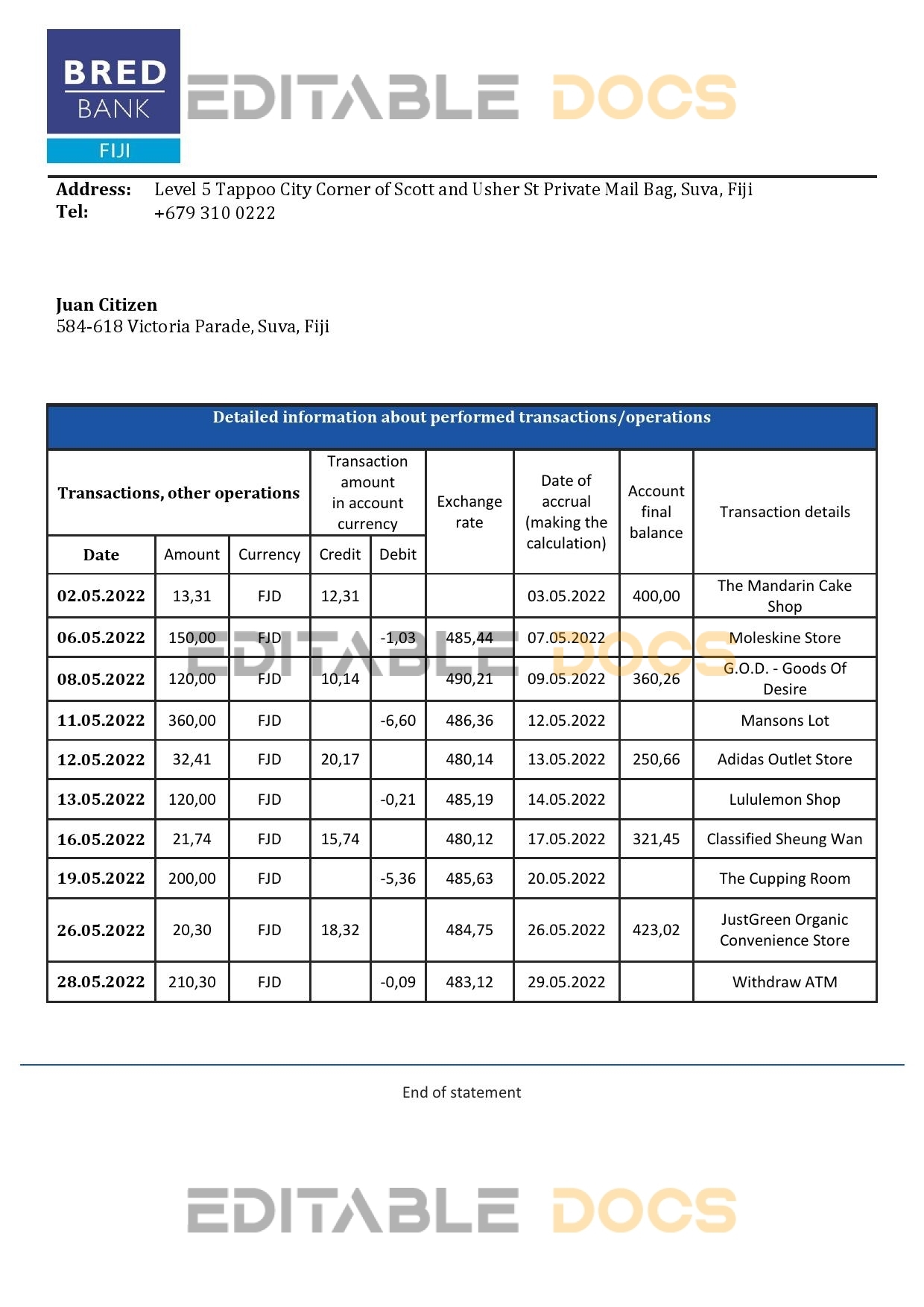 Fiji Bred bank statement template in Word and PDF format