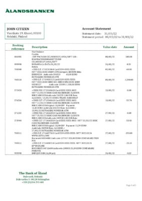 Finland Aland Bank statement template in Word and PDF format