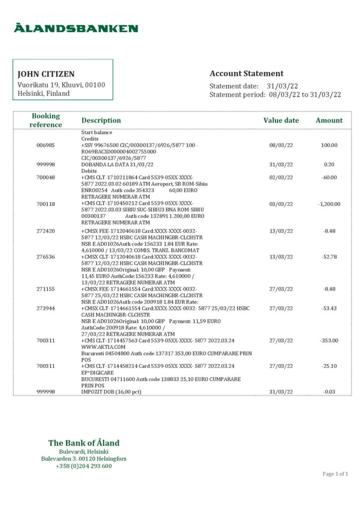 Finland Aland Bank statement template in Word and PDF format