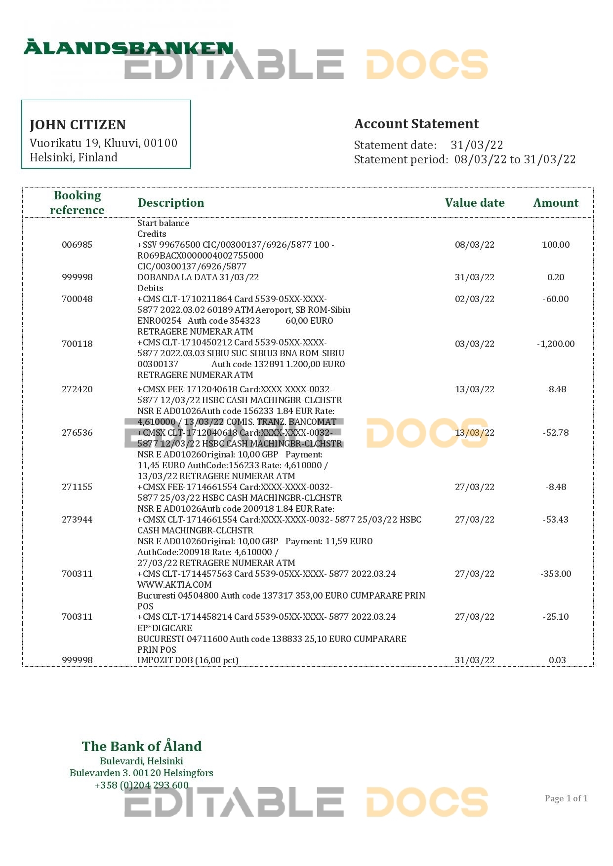 Finland Aland Bank statement template in Word and PDF format