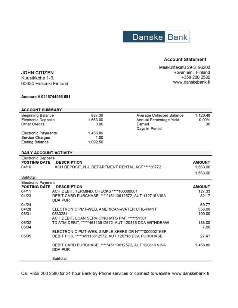 Finland Danske bank statement easy to fill template in .xls and .pdf file format