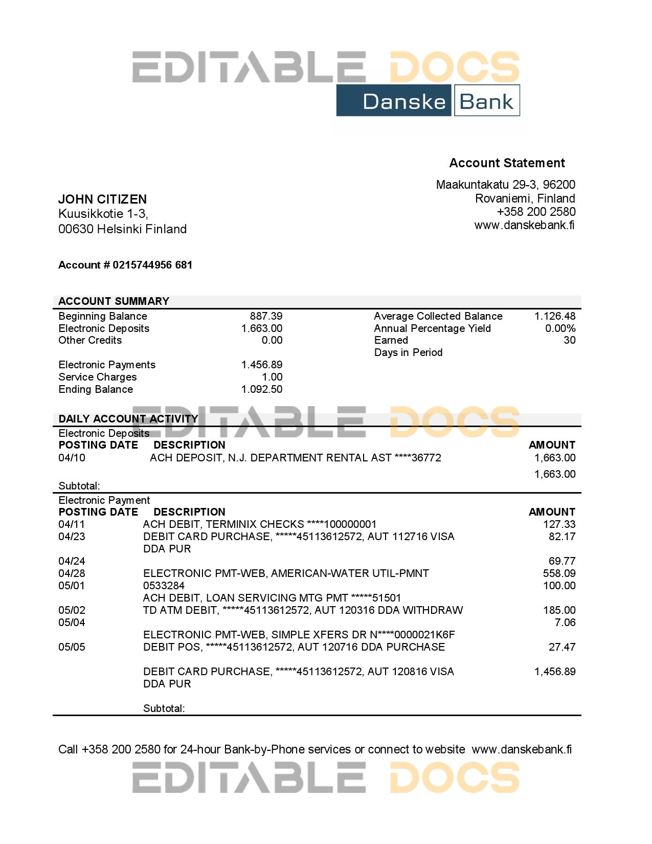 Finland Danske Bank statement template in Word and PDF format