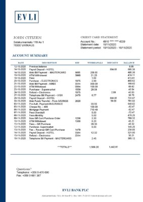 Finland Evli Bank PLC Bank statement template in Word and PDF format