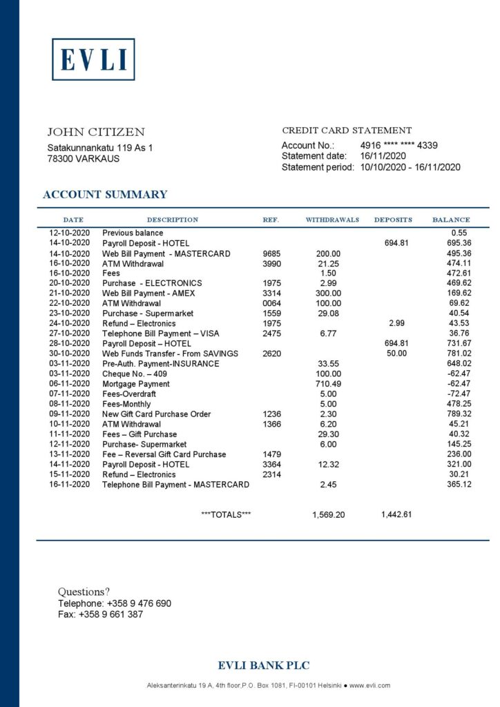 Finland Evli Bank PLC bank statement easy to fill template in Excel and PDF format
