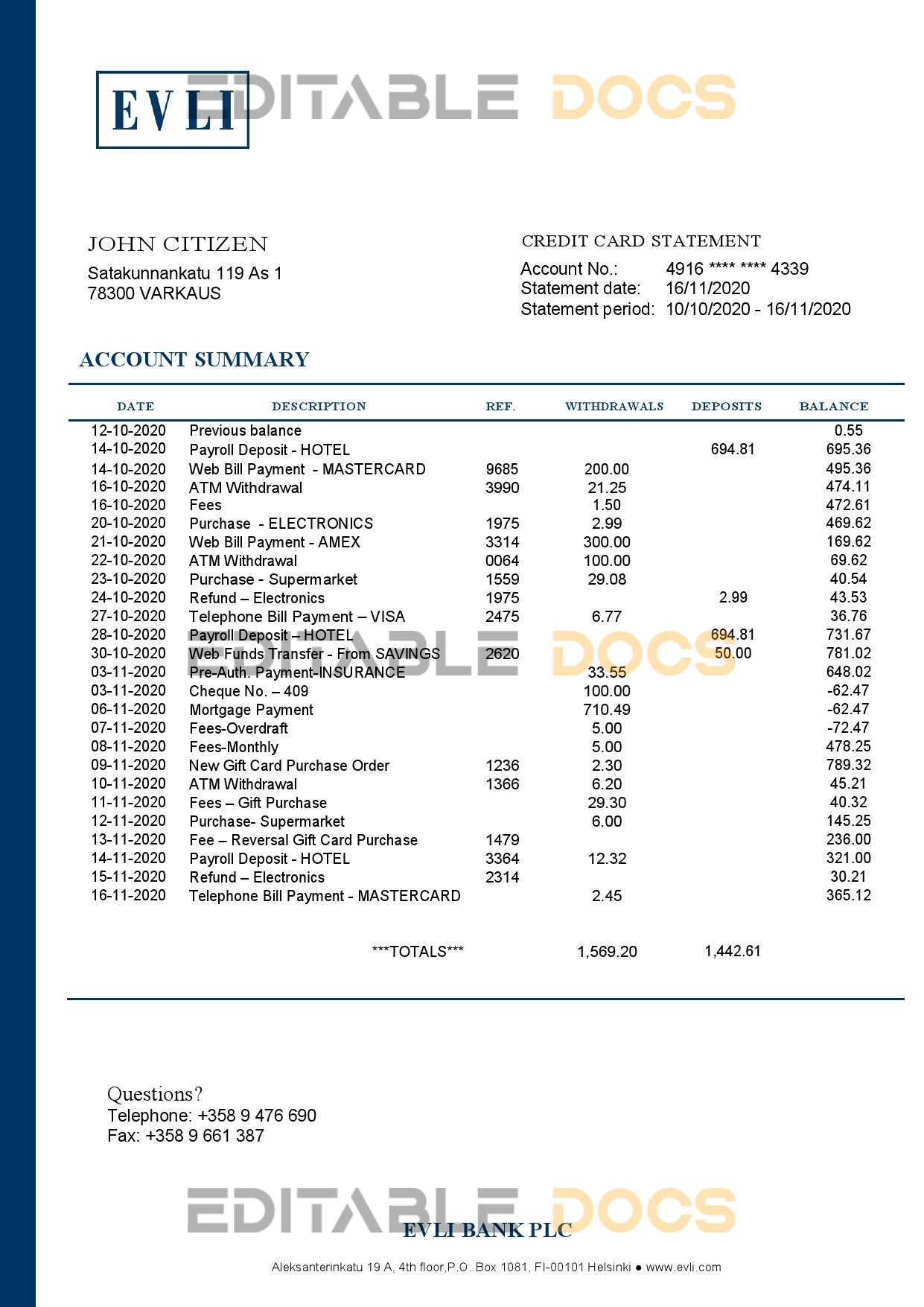 Finland Evli Bank PLC bank statement easy to fill template in Excel and PDF format