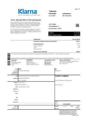 Finland Klarna Bank statement template in Excel and PDF format, in Finnish language