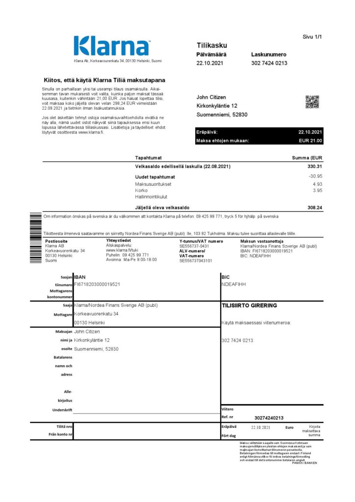 Finland Klarna Bank statement template in Excel and PDF format, in Finnish language