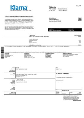 Finland Klarna Bank statement template in Word and PDF format, in Finnish language