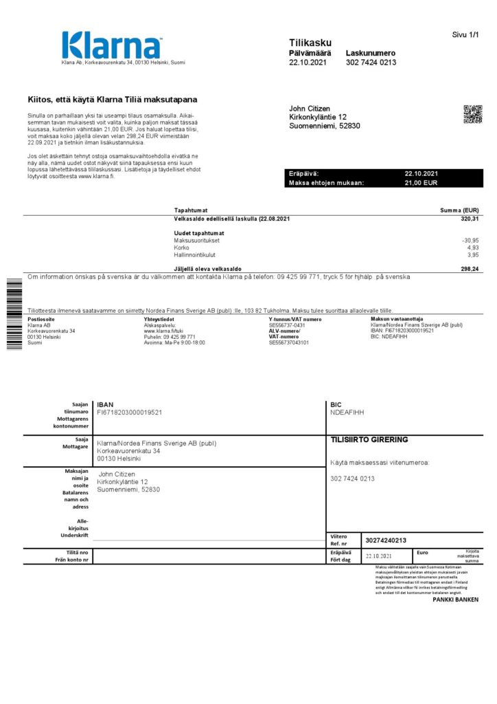 Finland Klarna Bank statement template in Word and PDF format, in Finnish language