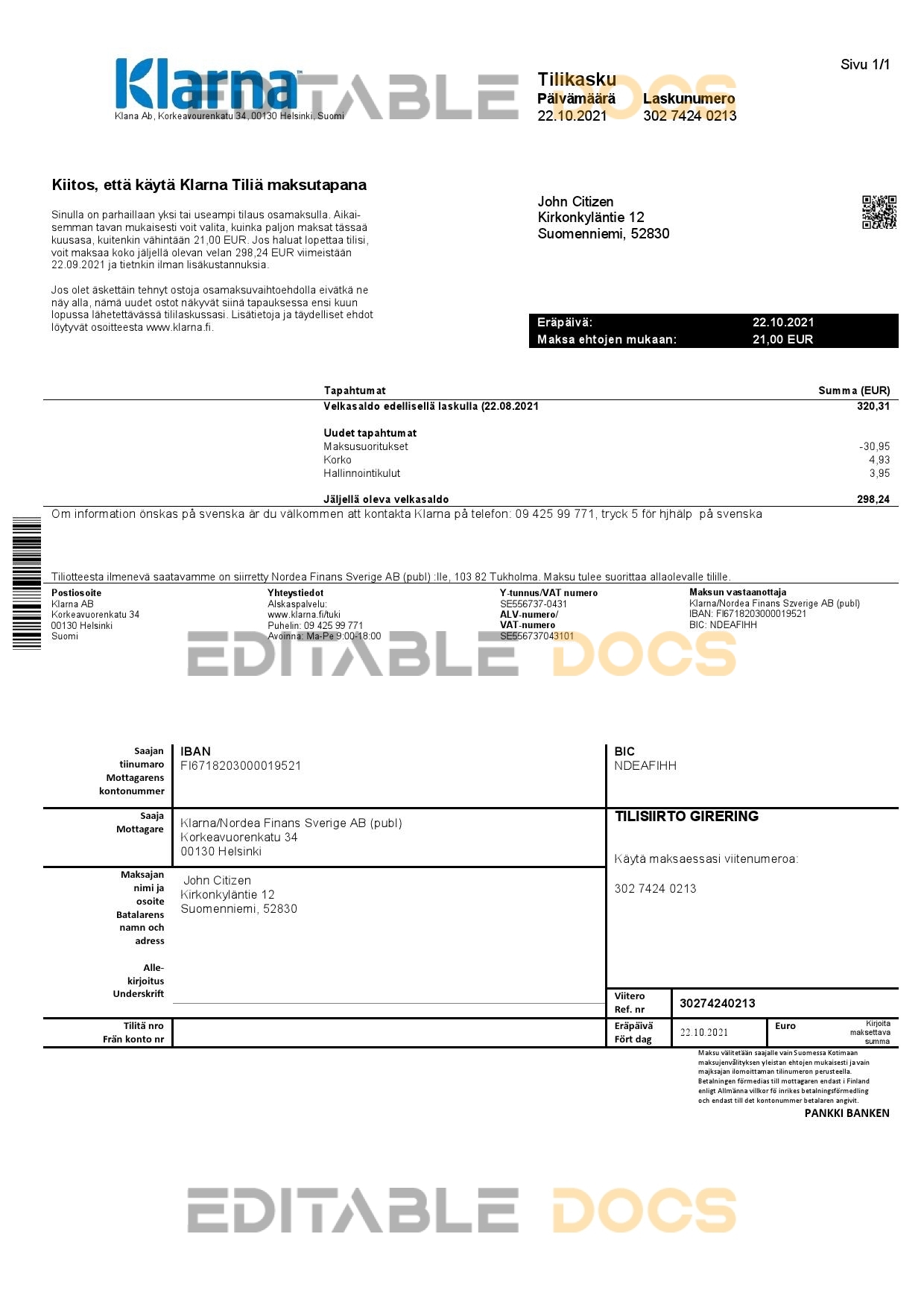 Finland Klarna Bank statement template in Word and PDF format, in Finnish language