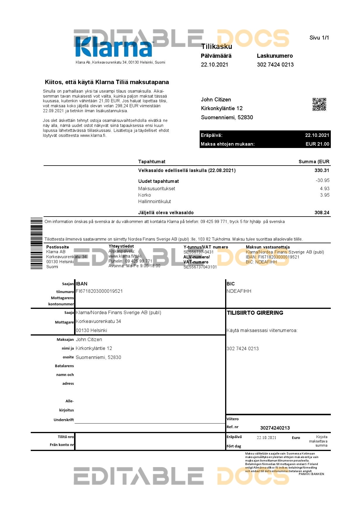 Finland Klarna Bank statement template in Excel and PDF format, in Finnish language