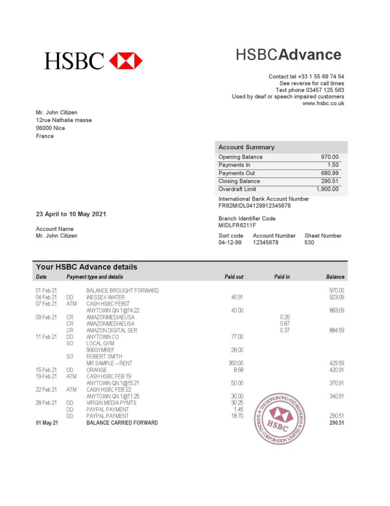 France HSBC bank statement template in Word and PDF format