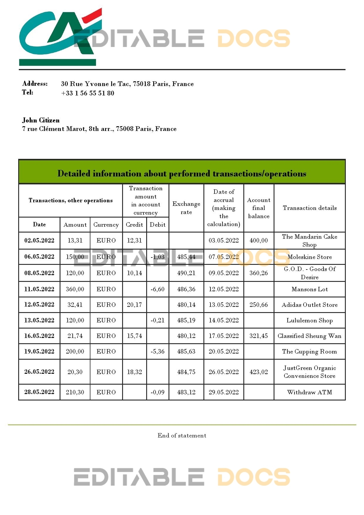 France Credite Agricole bank statement template in Word and PDF (.doc and .pdf) format
