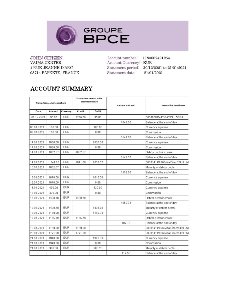 France Groupe BPCE bank statement easy to fill template in Excel and PDF format