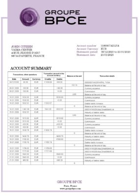 France Groupe BPCE bank statement template in Word and PDF format
