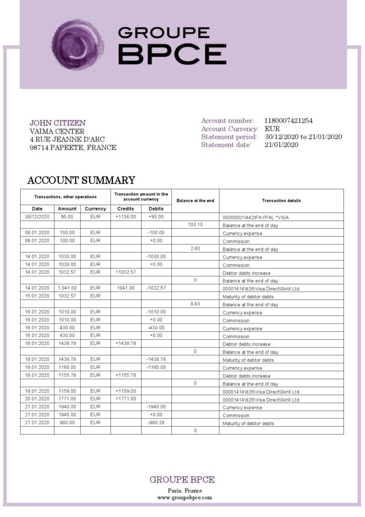France Groupe BPCE bank statement template in Word and PDF format