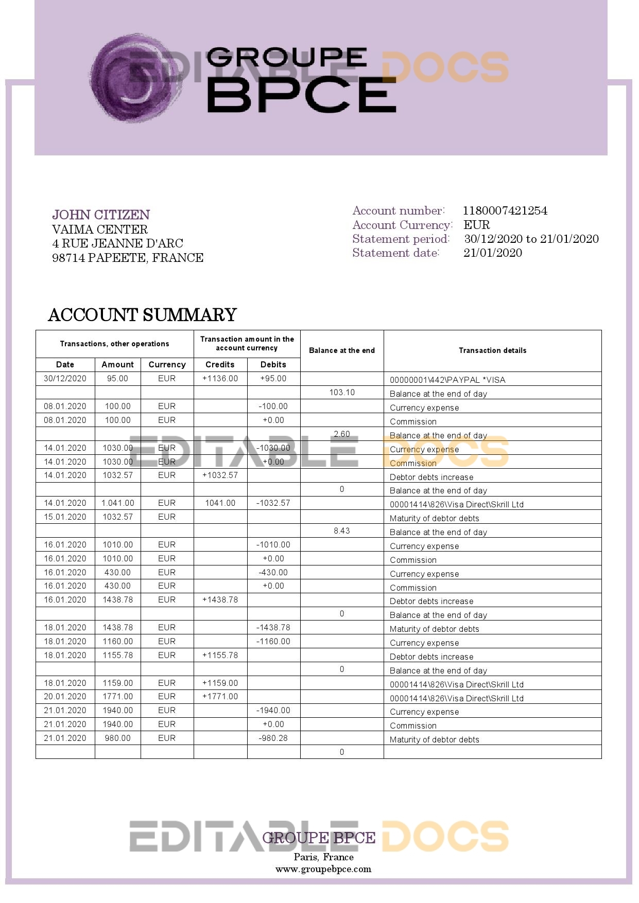 France Groupe BPCE bank statement template in Word and PDF format
