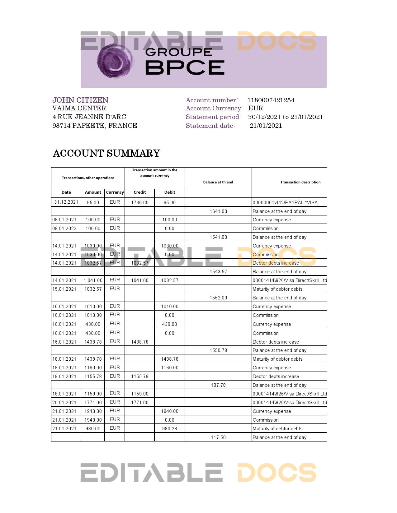 France Groupe BPCE bank statement easy to fill template in Excel and PDF format