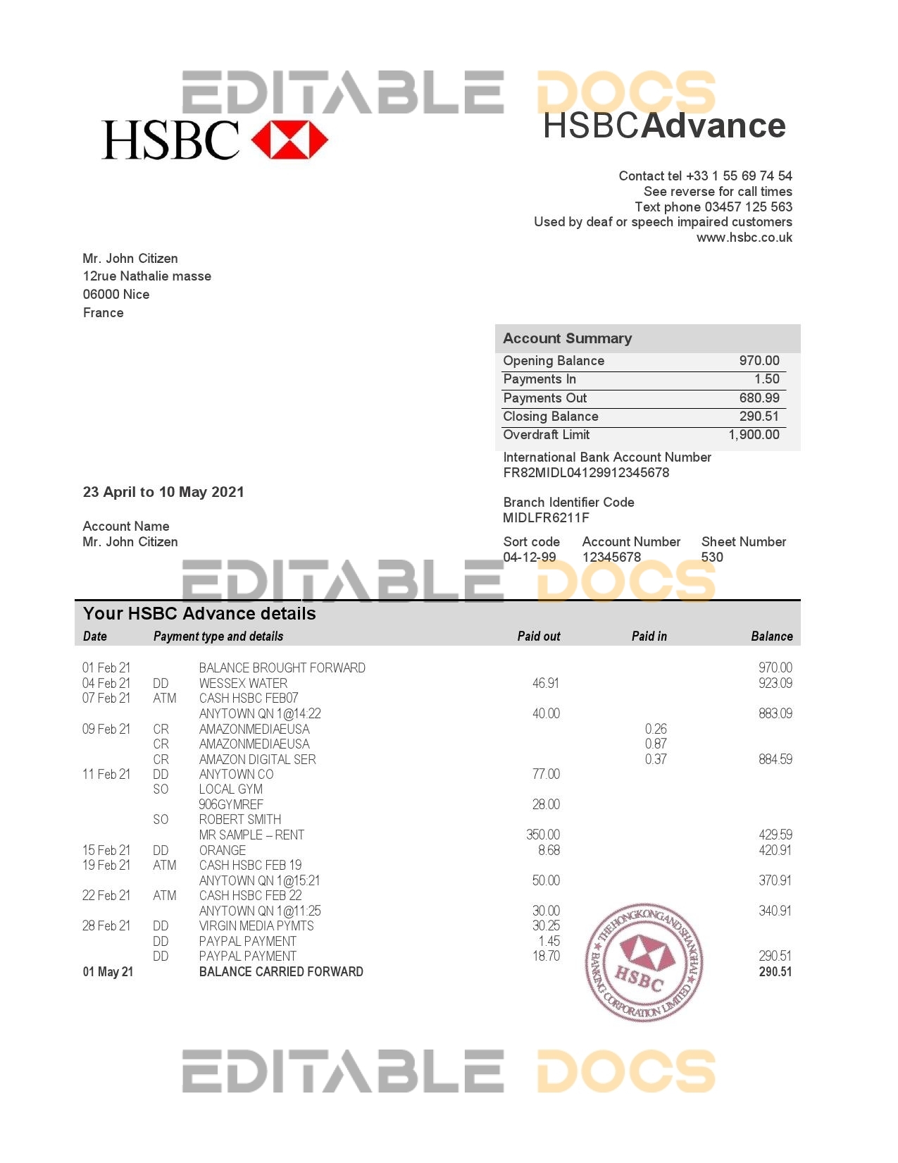 France HSBC bank statement template in Word and PDF format