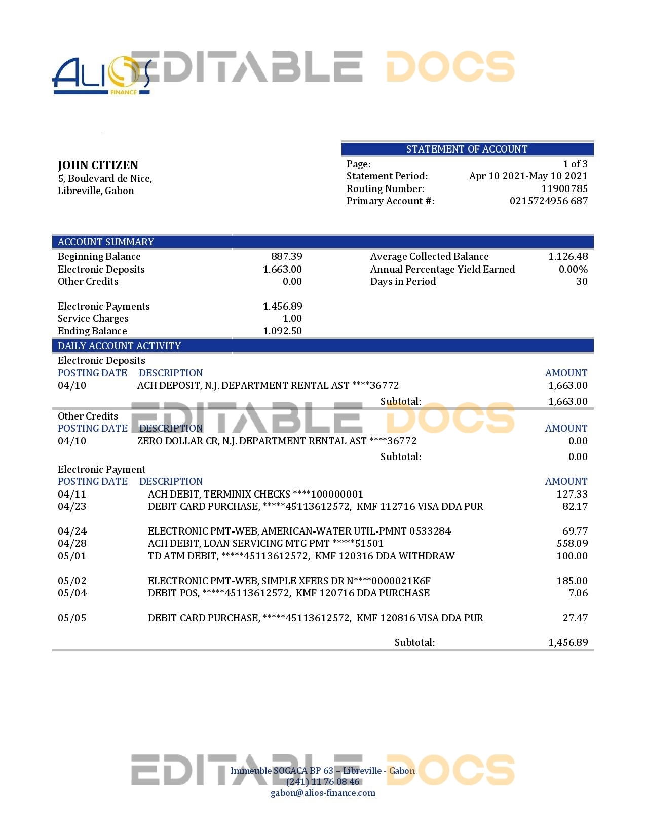 Gabon Alios Finance bank statement template in Word and PDF format