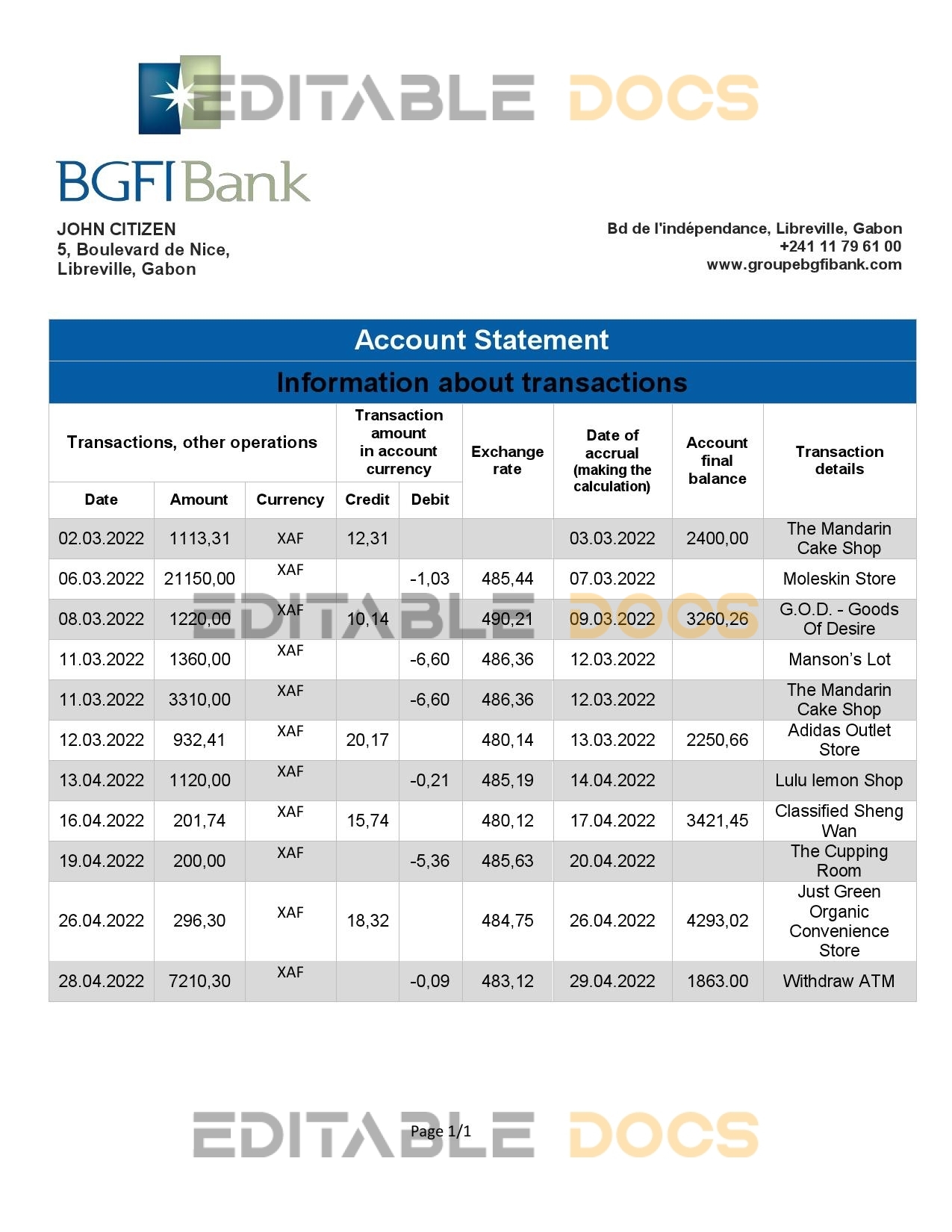 Gabon BGFI bank statement template in Word and PDF format