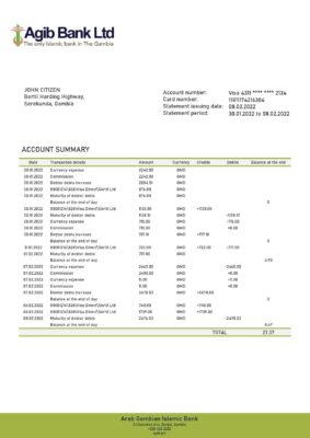 Gambia Arab Gambian Islamic bank statement template in Word and PDF format