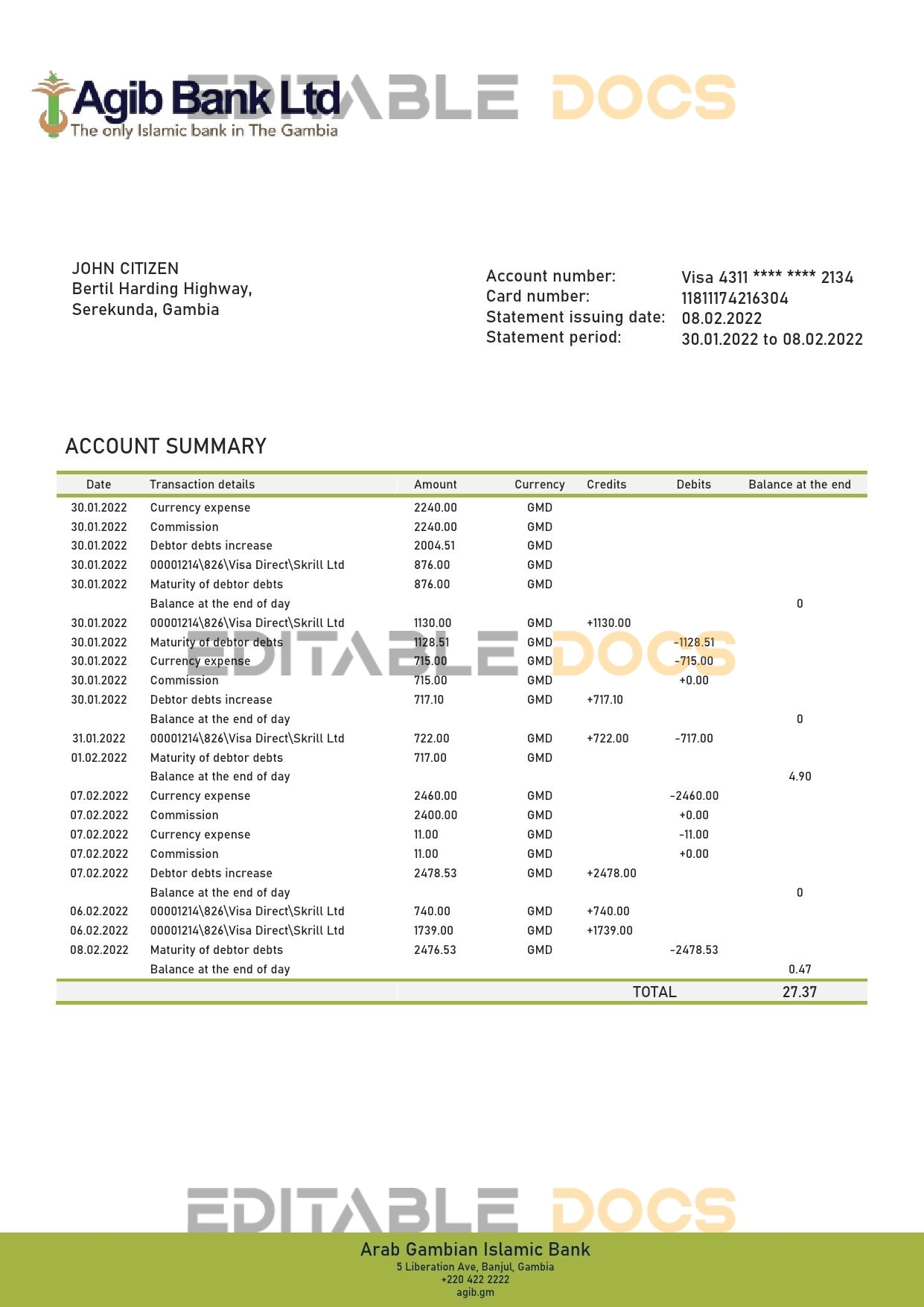 Gambia Arab Gambian Islamic bank statement template in Word and PDF format