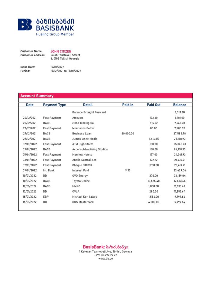 Georgia Basis Bank statement template in Word and PDF format