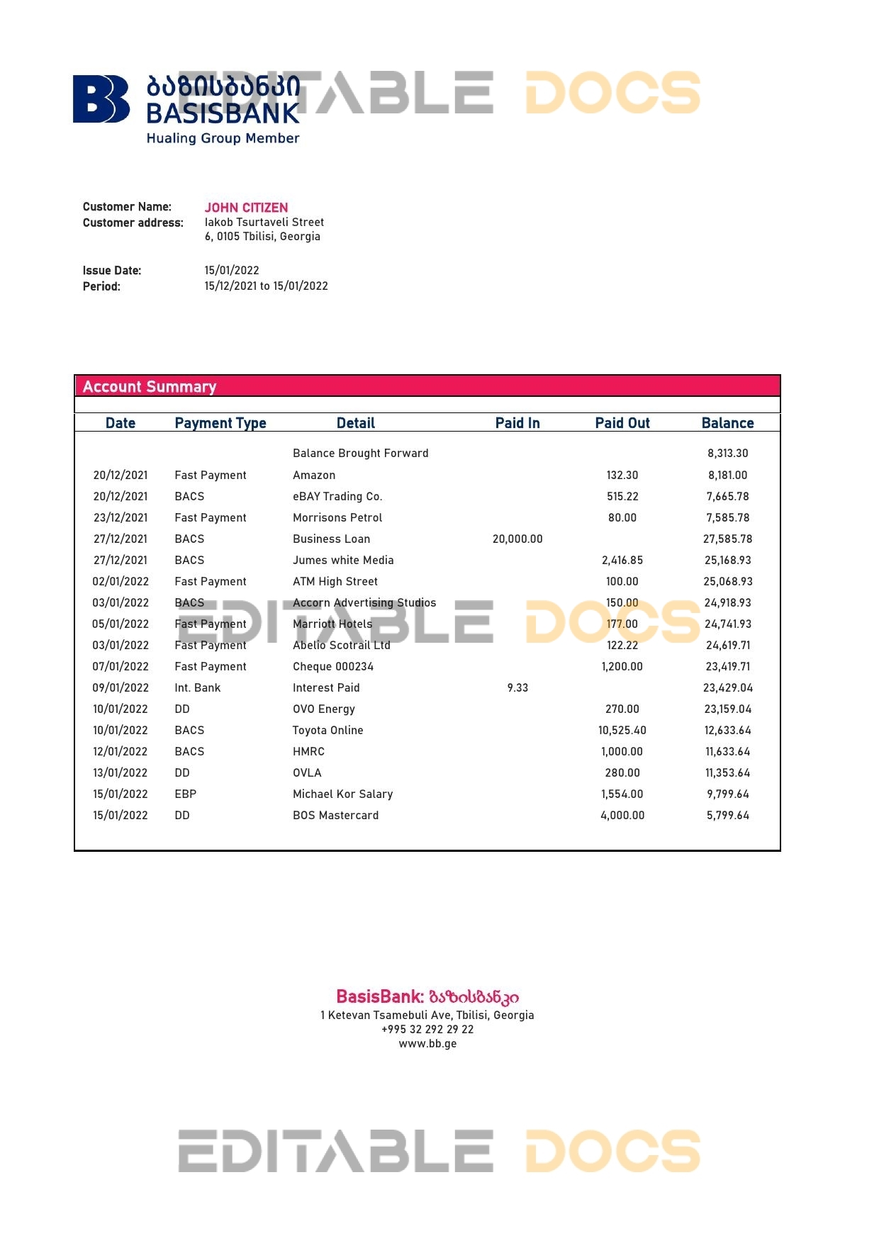 Georgia Basis Bank statement template in Word and PDF format