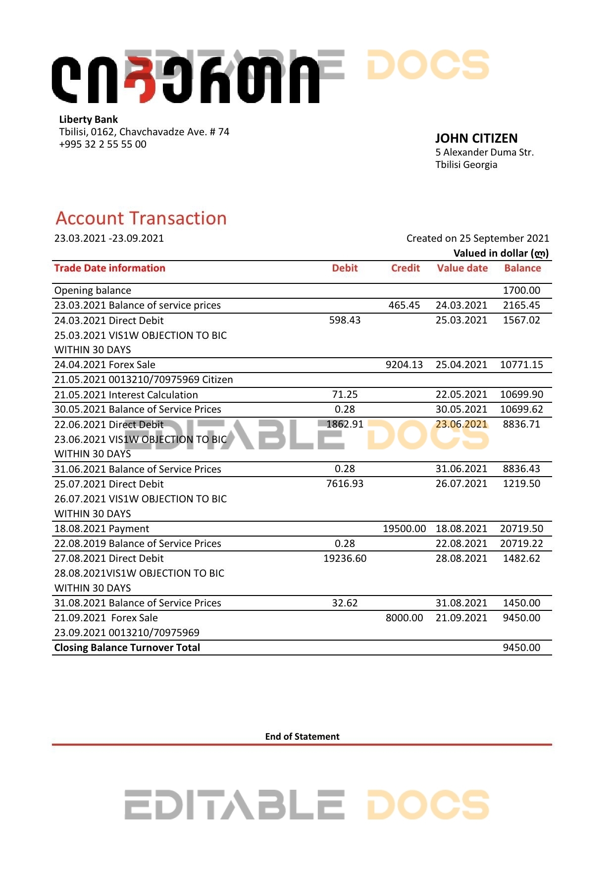 Georgia Liberty Bank statement easy to fill template in Excel and PDF format