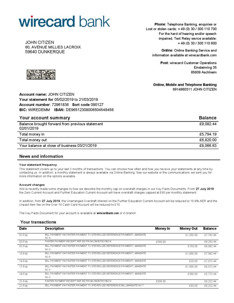 Germany Aschheim Wirecard bank statement easy to fill template in Word and PDF format
