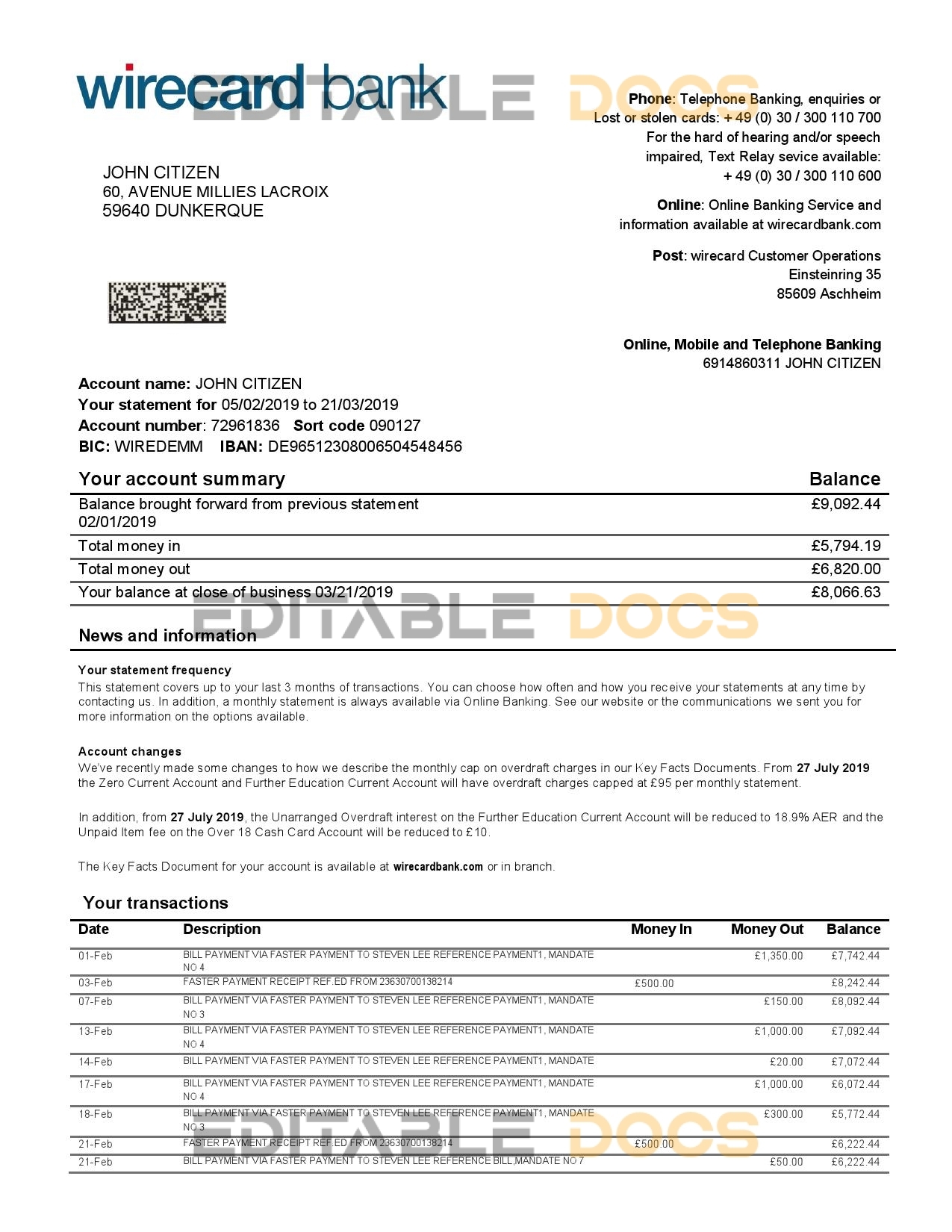 Germany Aschheim Wirecard bank statement easy to fill template in Word and PDF format