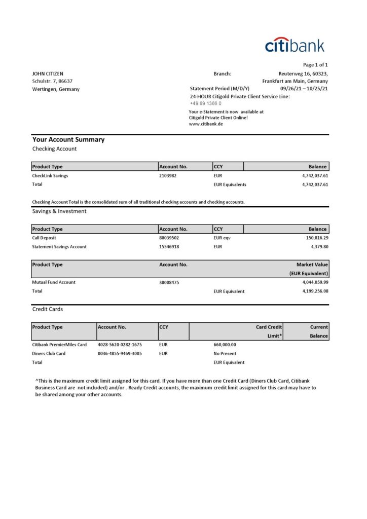 Germany Citibank bank account statement template in Excel and PDF format