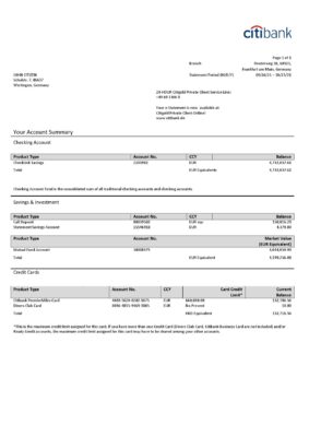Germany Citibank bank account statement template in Word and PDF format