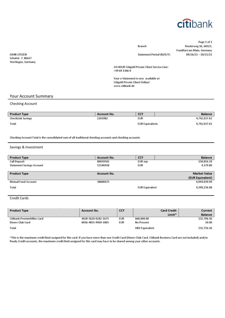 Germany Citibank bank account statement template in Word and PDF format