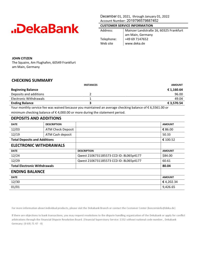 Germany Dekabank bank statement template in Word and PDF format