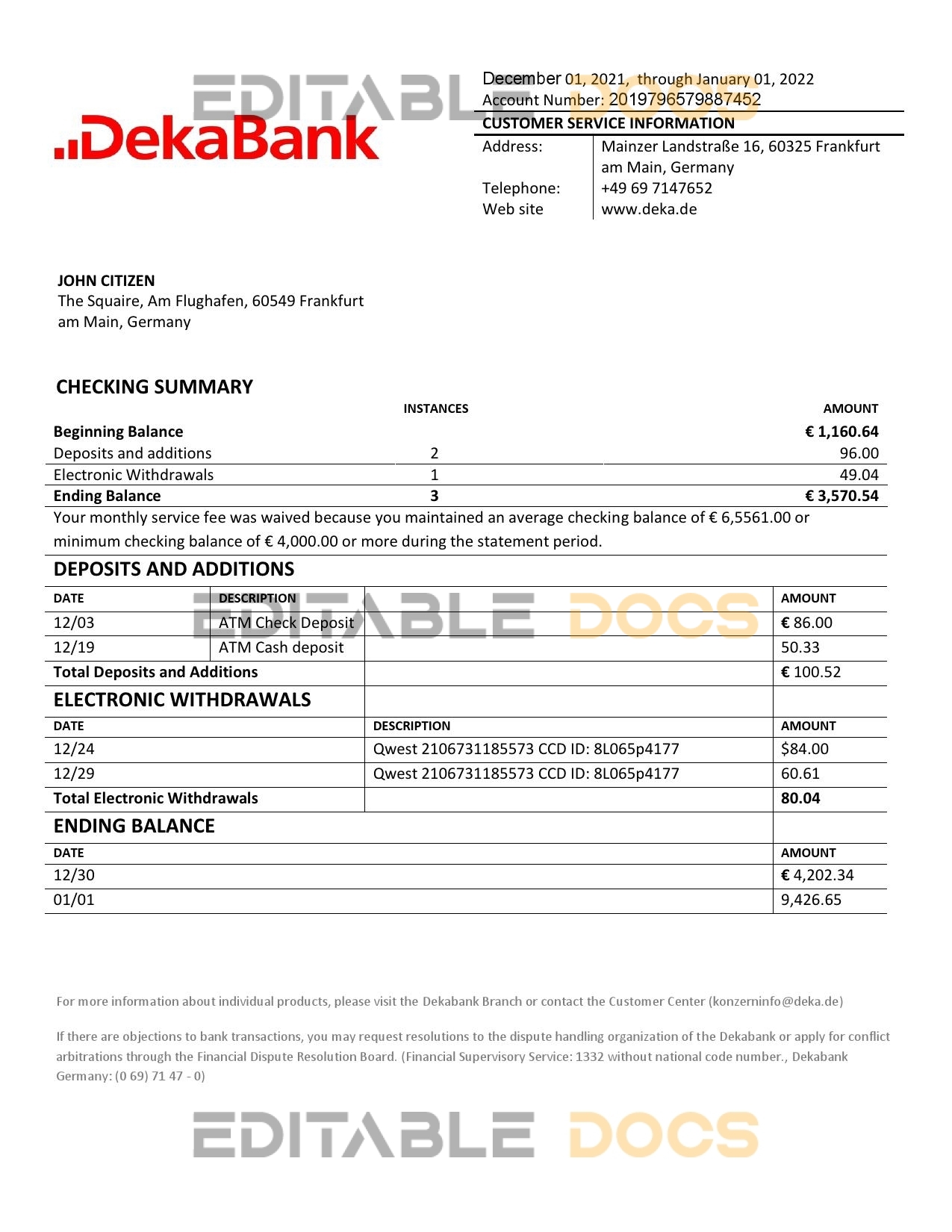 Germany Dekabank bank statement template in Word and PDF format
