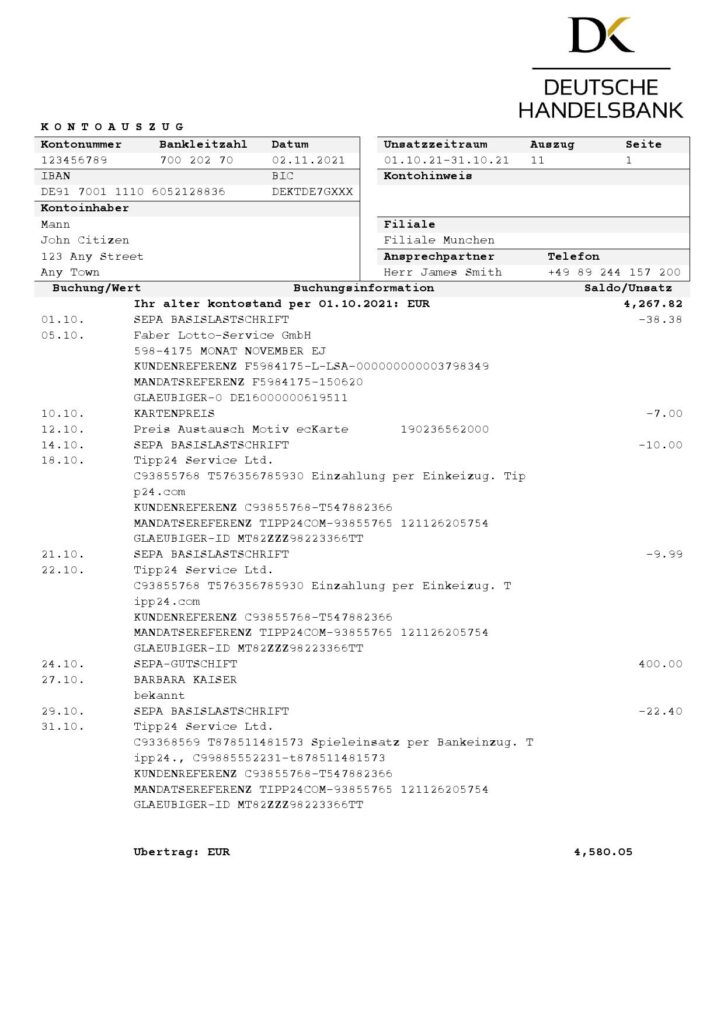 Germany Deutsche Handelsbank AG bank statement template in .doc and .pdf format