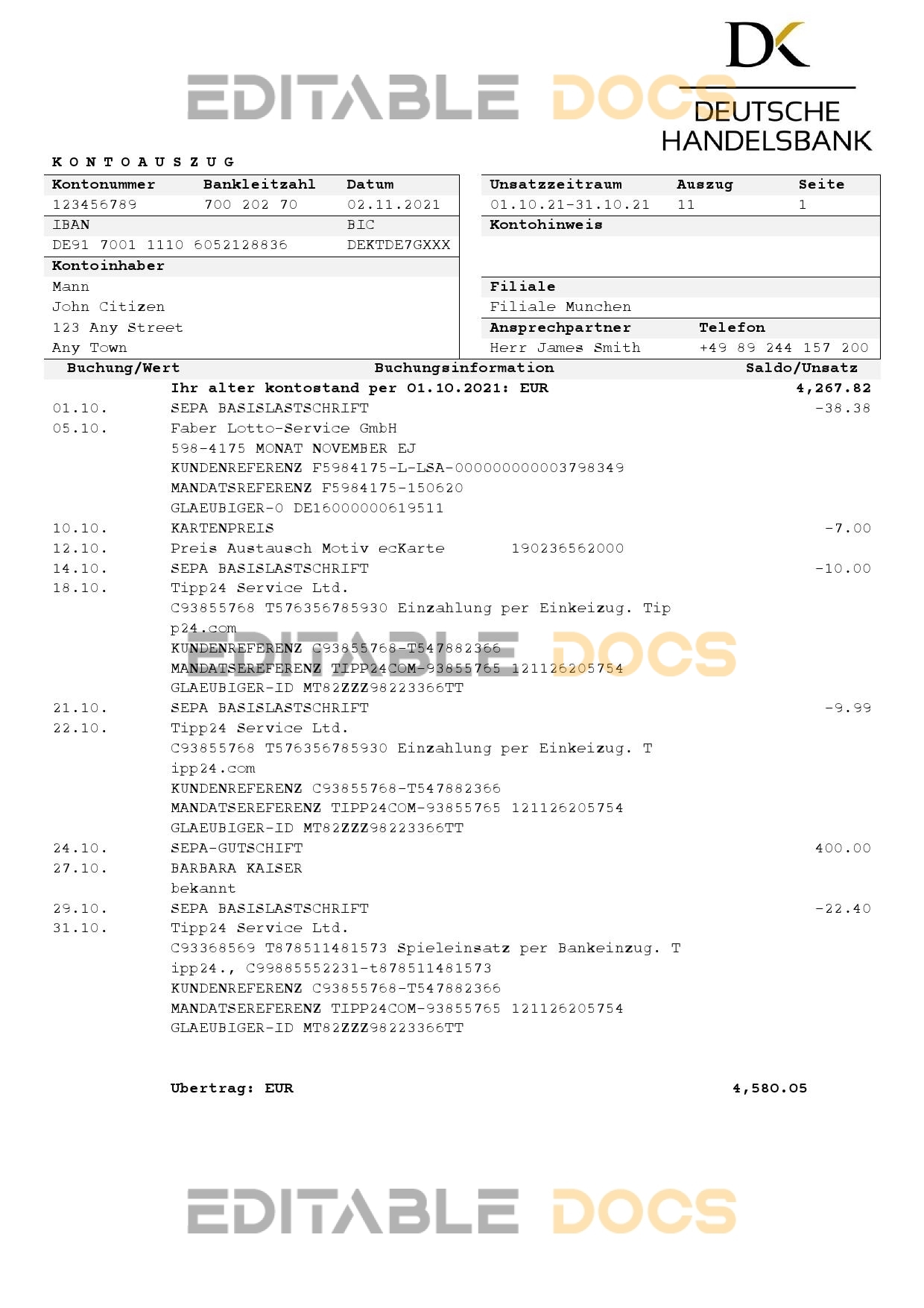 Germany Deutsche Handelsbank AG bank statement template in .doc and .pdf format