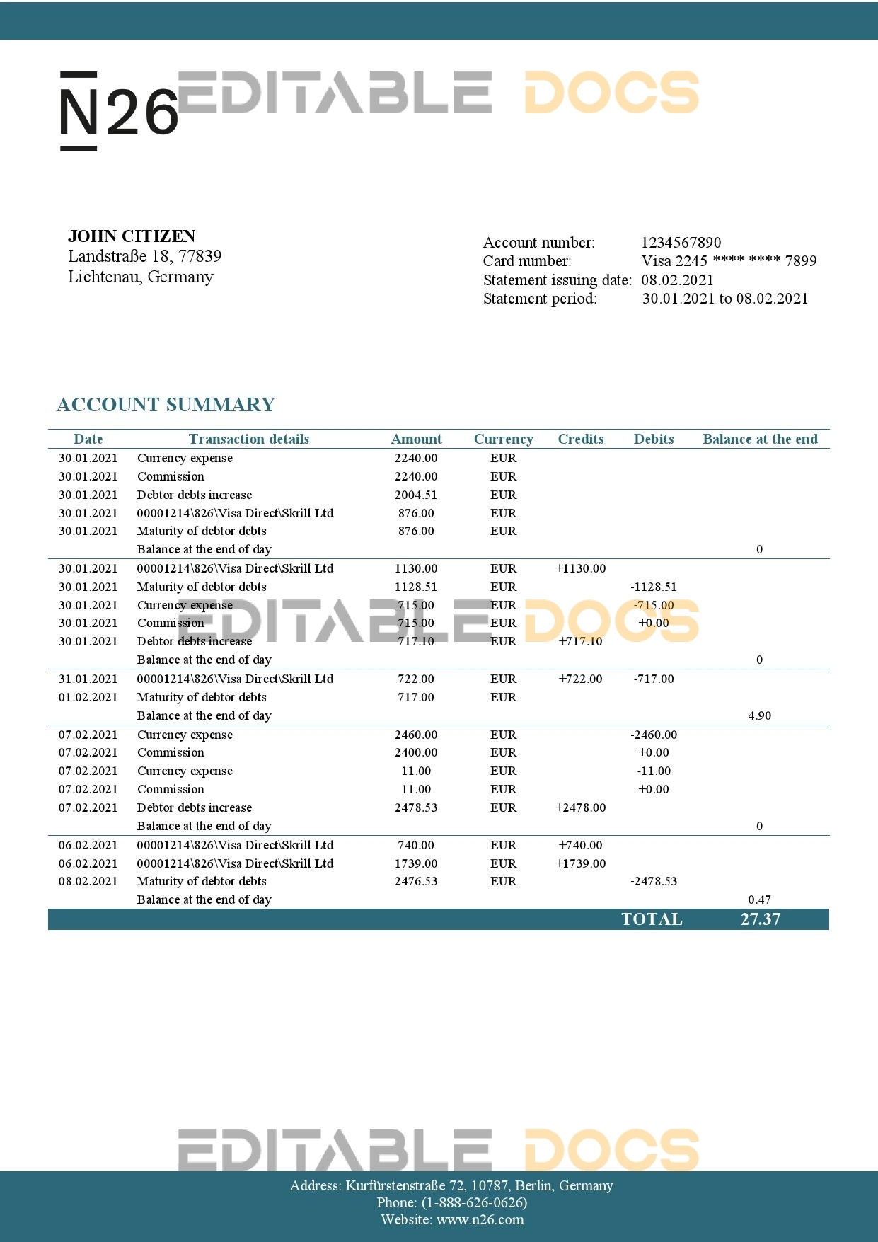 Germany N26 bank statement template in Word and PDF format