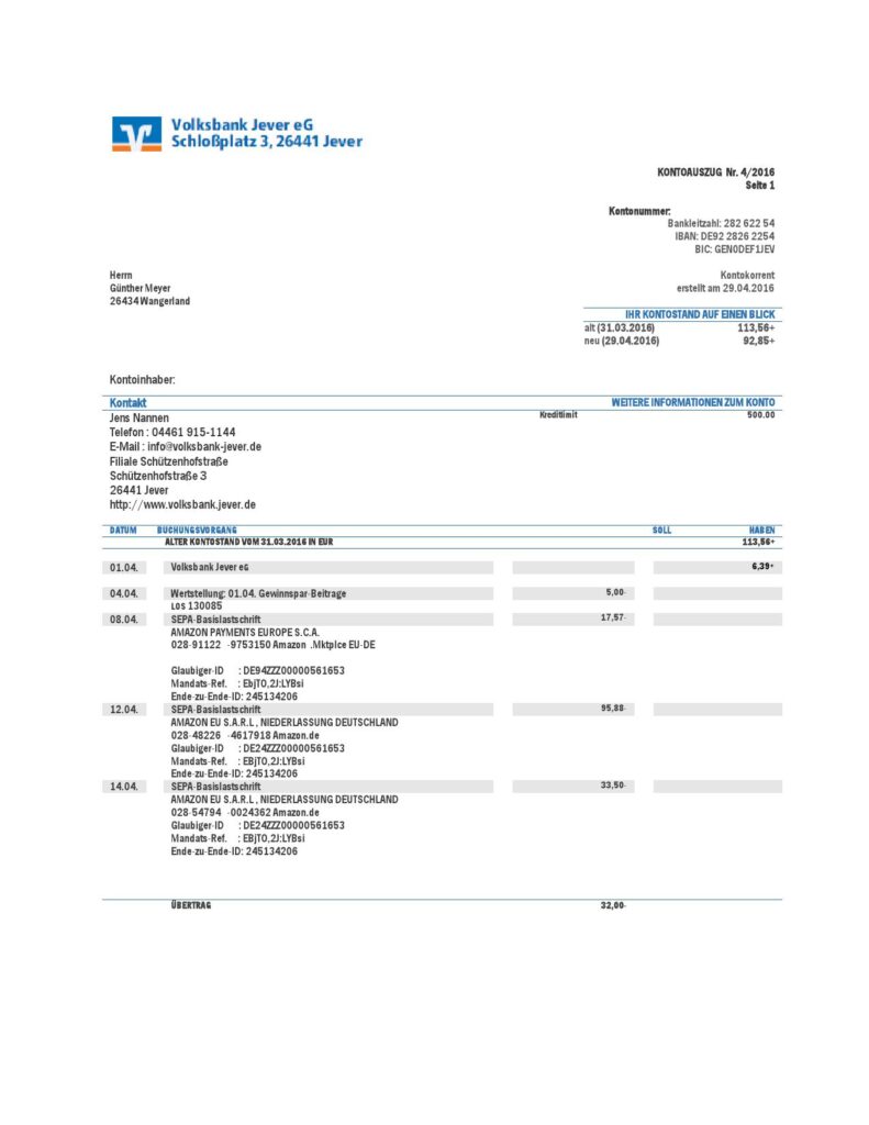 Germany Volksbank Jever statement template in Word and PDF format