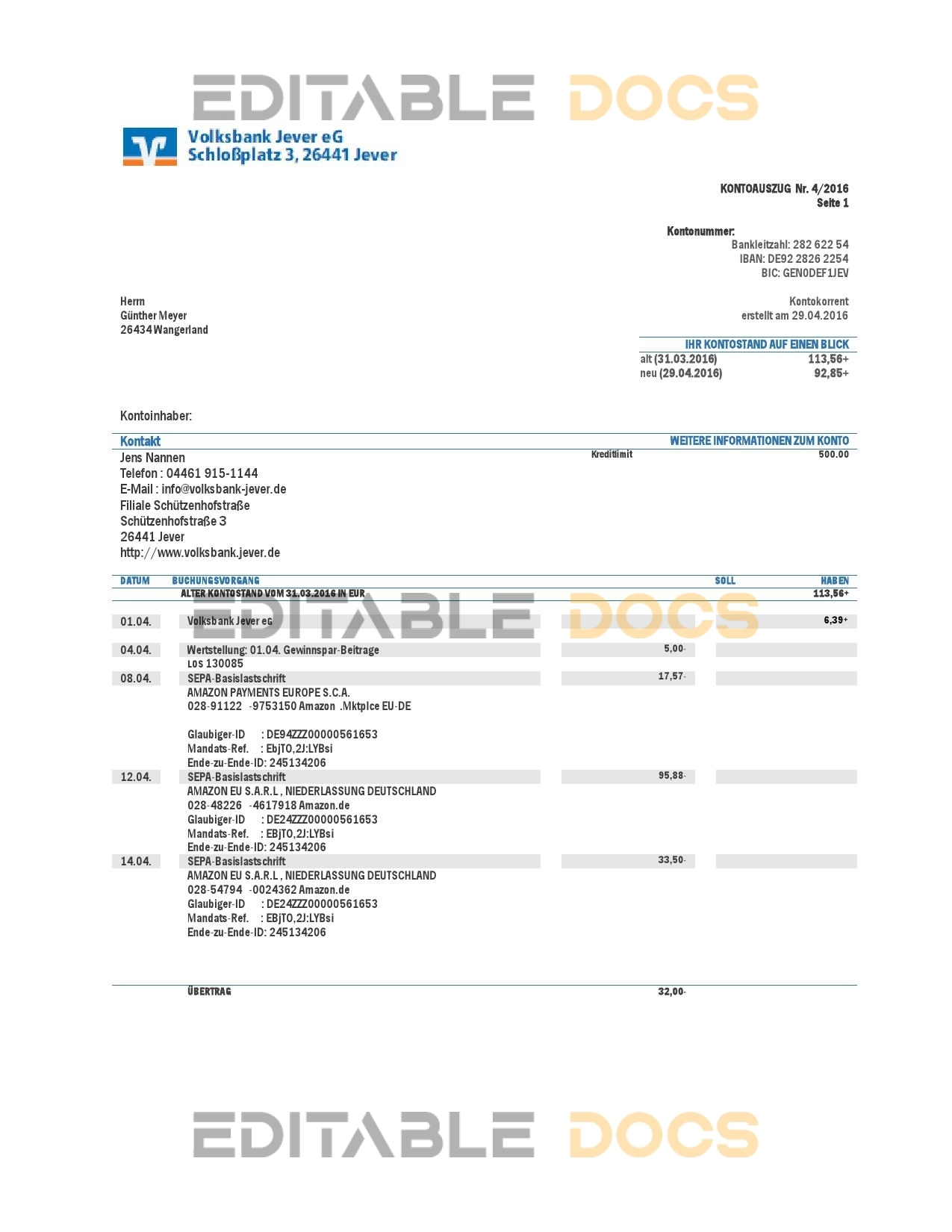 Germany Volksbank Jever statement template in Word and PDF format
